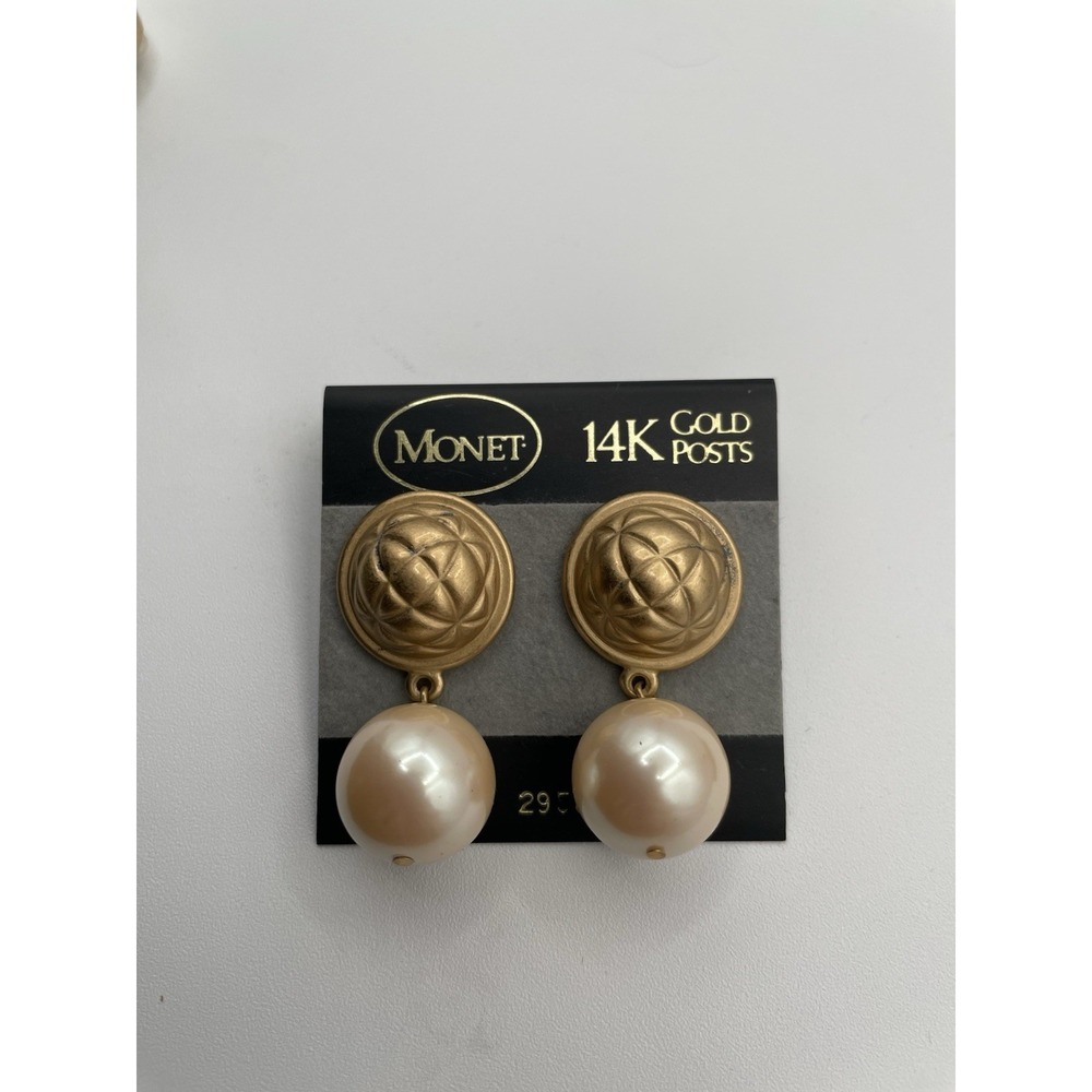 Vintage Monet Gold Chunky Pendulum Faux Pearl  14k Gold Posts  Earrings